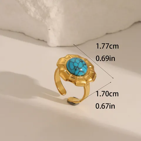 Vintage Stainless Steel Natural Stone Open Ring For Women Gold Plated Adjustable Tiger Eye Rose Quartz Turquoise Malachite Jewelry