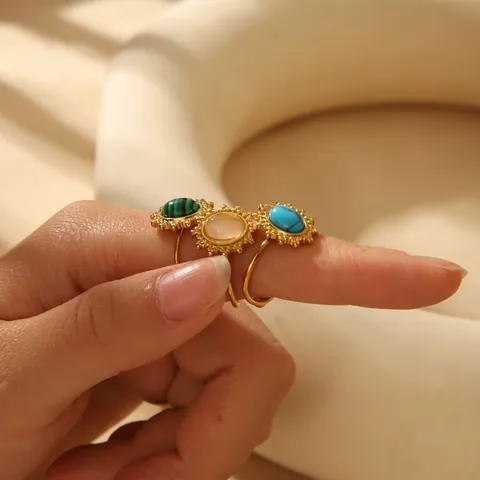 Vintage Stainless Steel Open Ring For Women Natural Stone Malachite Turquoise Rose Quartz Sun Flower Bohemian Jewelry Adjustable Gold Ring