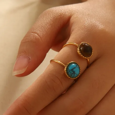Vintage Stainless Steel Round Natural Stone Inlaid Adjustable Open Ring Gold Plated Fashion Jewelry For Women Gift