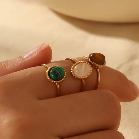 Vintage Stainless Steel Open Adjustable Ring For Women Gold Plated Oval Natural Stone Tiger's Eye Malachite Rose Quartz Ring Jewelry