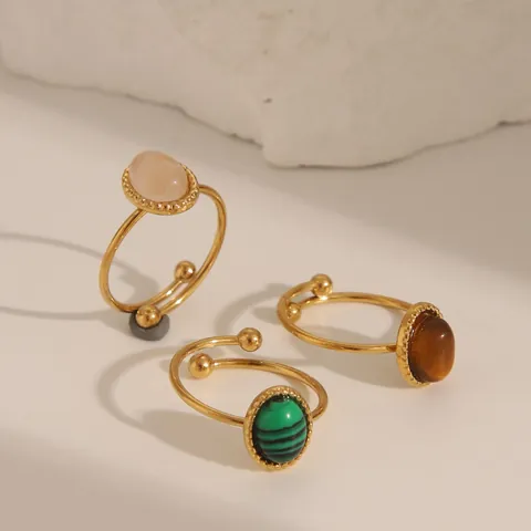 Vintage Stainless Steel Open Adjustable Ring For Women Gold Plated Oval Natural Stone Tiger's Eye Malachite Rose Quartz Ring Jewelry