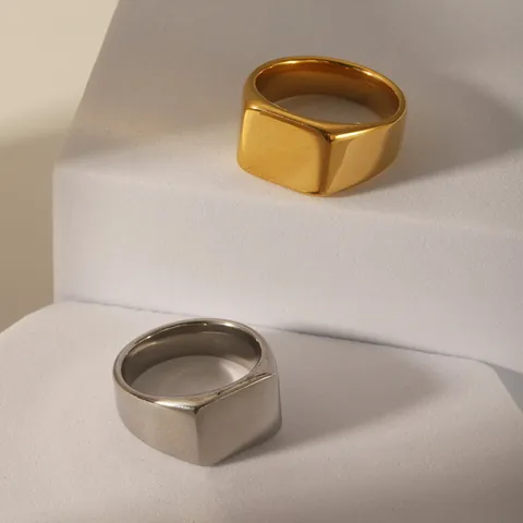 Stainless Steel Signet Ring For Women Heart Square Geometric Plain Polished Band Fashion Jewelry Gold Silver Plated Gift