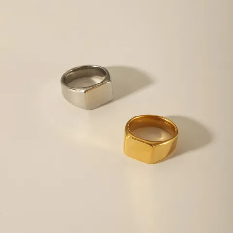 Minimalist Stainless Steel Square Signet Ring For Men Women Polished Brushed Finish Retro Punk Style Gold Silver Color Ring Jewelry