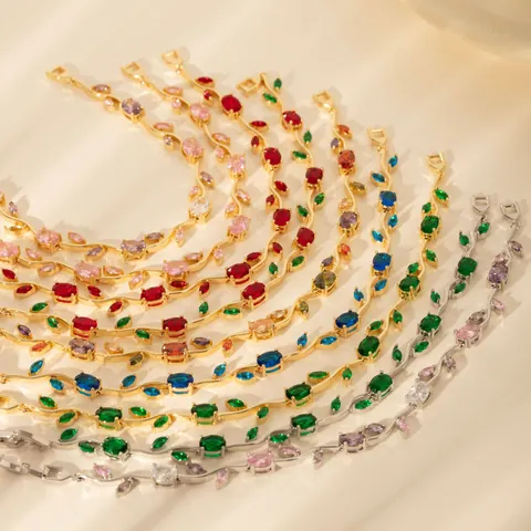 Luxury Eco-Friendly Copper Branch Leaf Flower Bracelet Colorful Rhinestone Inlaid Gold Silver Plated Elegant Fashion Jewelry Gift Women