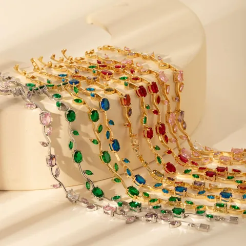 Luxury Eco-Friendly Copper Branch Leaf Flower Bracelet Colorful Rhinestone Inlaid Gold Silver Plated Elegant Fashion Jewelry Gift Women
