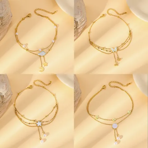 Bracelet de Cheville Superposé en Acier Inoxydable Plaqué Or 18K pour Femme Trèfle Papillon Fleur Étoile Lune Perle Gland Bijoux de Pied