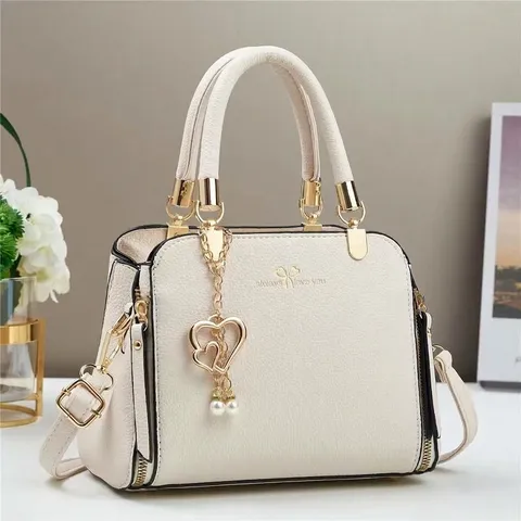 Damen Handtasche Aus PU Leder Mit Litschimuster Elegante Umhängetasche Mit Herzanhänger Künstliche Perle Für Damen Alltag