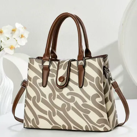 Women Retro Canvas Tote Bag Printed Abstract Chain Pattern Fashion PU Leather Handle Shoulder Crossbody Handbag For Daily Use