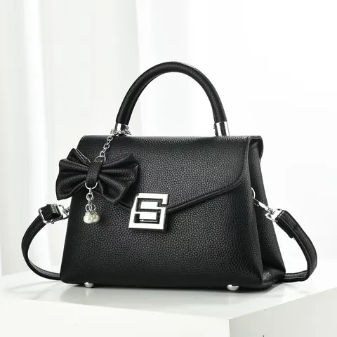 Women's PU Leather Lychee Pattern Handbag With Bow Artificial Pearl Charm Small Square Shoulder Crossbody Bag For Daily Office