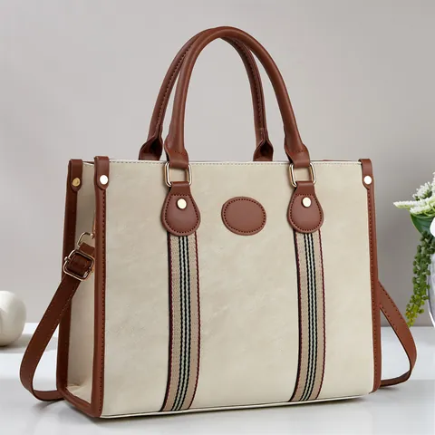 Women Tote Bag PU Leather Large Capacity Stripe Ribbon Contrast Color Handbag With Detachable Strap