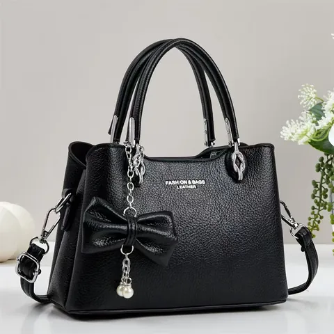 Bolso de Mano para Mujer de Cuero PU con Textura de Lichi Gran Capacidad Bolso de Hombro Cruzado con Lazo y Perla Artificial Moda