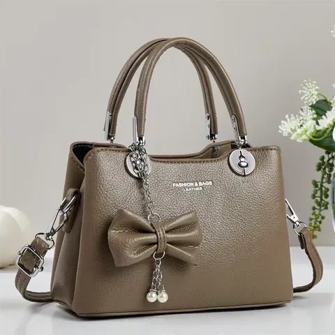 Bolso de Mano para Mujer de Moda en Cuero PU Patrón de Lichi Elegante Lazo y Colgante de Perla Artificial Bolso de Hombro Gran Capacidad