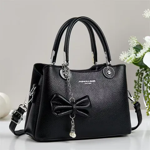Bolso de Mano para Mujer de Moda en Cuero PU Patrón de Lichi Elegante Lazo y Colgante de Perla Artificial Bolso de Hombro Gran Capacidad