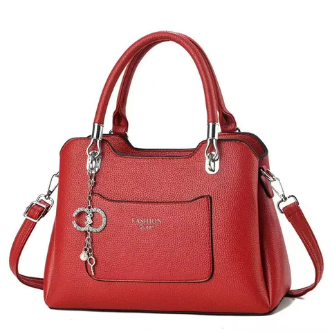 Fashion Queen Women Tote Bag Lychee Grain PU Leather Handbag With Rhinestone Artificial Pearl Pendant Adjustable Shoulder Strap