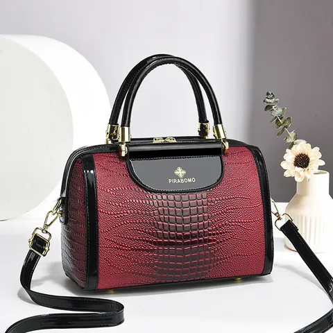 Borsa Boston da Donna in Pelle PU con Motivo a Coccodrillo Elegante Borsa a Mano Con Tracolla Colore a Contrasto