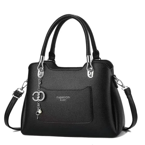 Fashion Queen Women Tote Bag Lychee Grain PU Leather Handbag With Rhinestone Artificial Pearl Pendant Adjustable Shoulder Strap