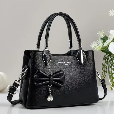 Damen PU Leder Top Handle Handtasche Klassische Litschi Muster Umhängetasche Mit Schleife Perlenanhänger Mode Pendler Henkeltasche