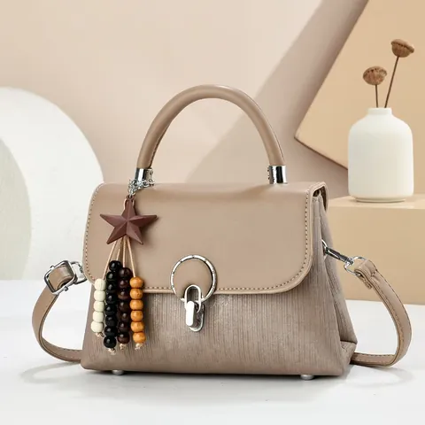 Vintage Women PU Leather Flap Handbag Retro Splicing Small Square Crossbody Bag With Star Wooden Bead Tassel Charm Daily Bag