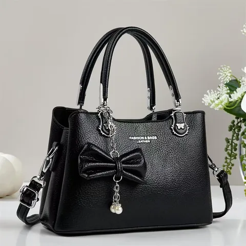 Women's Fashion PU Leather Handbag Litchi Pattern Shoulder Crossbody Bag With Bow Pearl Decor Elegant Lady Tote Satchel