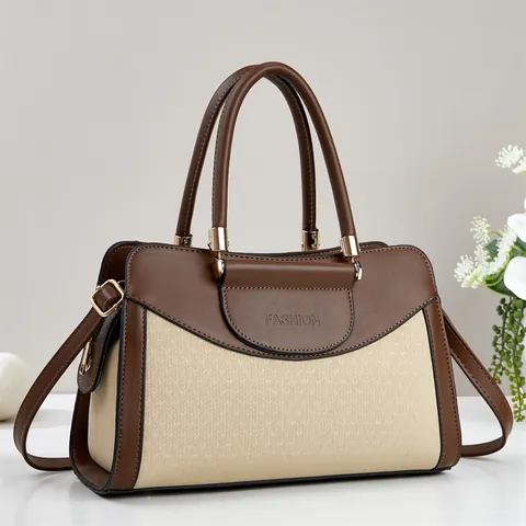 Fashion Patchwork Colorblock Handbag Women PU Leather Woven Texture Tote Bag Large Capacity Shoulder Crossbody Bag With Gold Hardware