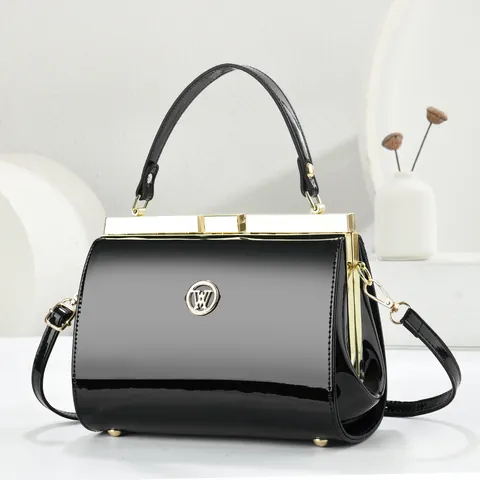 Women Patent Leather Handbag With Metal Frame Lock Stone Pattern Top Handle Crossbody Shoulder Bag Retro Doctor Bag Gift