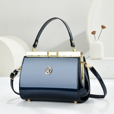 Women Patent Leather Handbag With Metal Frame Lock Stone Pattern Top Handle Crossbody Shoulder Bag Retro Doctor Bag Gift