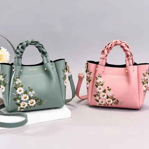 Borsa a Mano in Pelle PU con Ricamo Floreale di Moda Manico Intrecciato Borsa a Spalla Tracolla per Donna Abbinamento Quotidiano