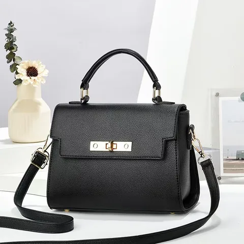 Women Litchi Texture PU Leather Top Handle Bag Golden Lock Square Handbag Adjustable Strap Crossbody Bag Casual Satchel