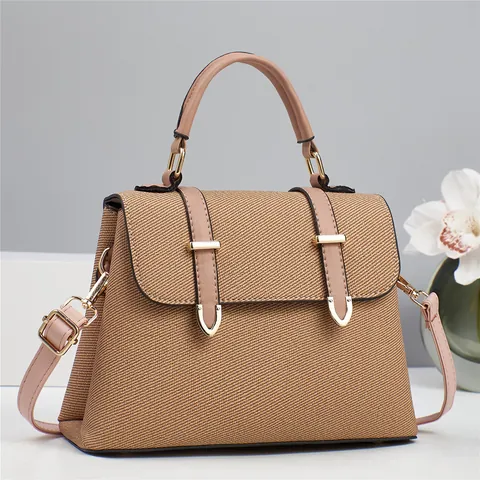Vintage Women Woven Texture Fabric PU Leather Satchel Bag Elegant Flap Handbag Shoulder Crossbody Bag Gold Hardware Retro Office Bag