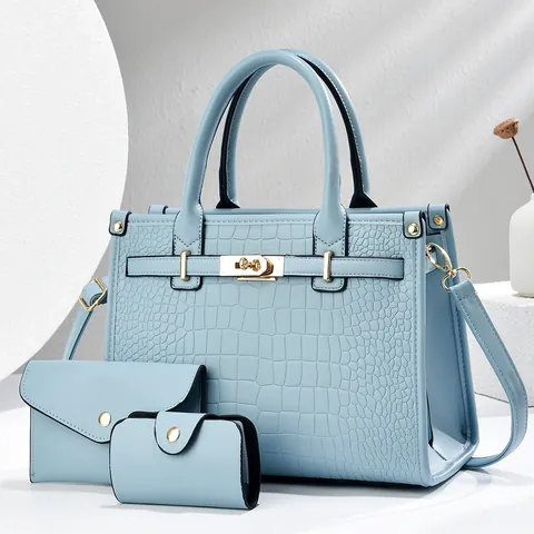 Sac à Main Femme en Similicuir PU Gaufré Alligator Comprend Fourre-tout Et Portefeuille Et Porte-cartes Grande Capacité Serrure Dorée