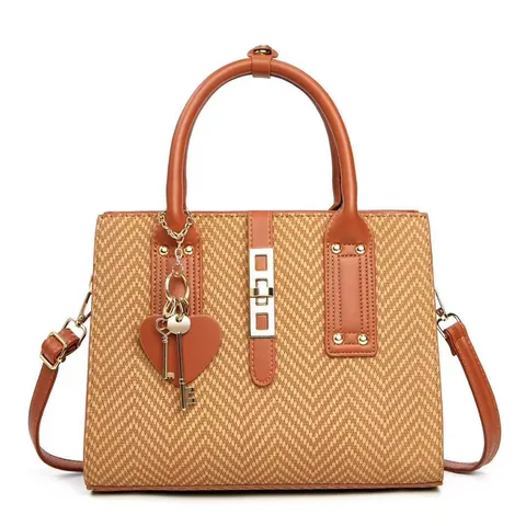 Vintage Herringbone Fabric PU Leather Handbag For Women Large Capacity Tote Bag With Heart Charm Gold Hardware Shoulder Bag