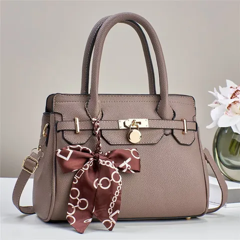 Fashion Lychee Pattern PU Leather Tote Bag With Satin Scarf Decor Metal Lock Handbag Shoulder Crossbody Bag For Women
