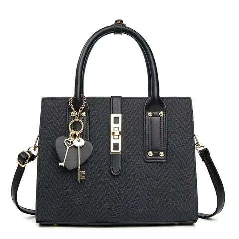 Vintage Herringbone Fabric PU Leather Handbag For Women Large Capacity Tote Bag With Heart Charm Gold Hardware Shoulder Bag