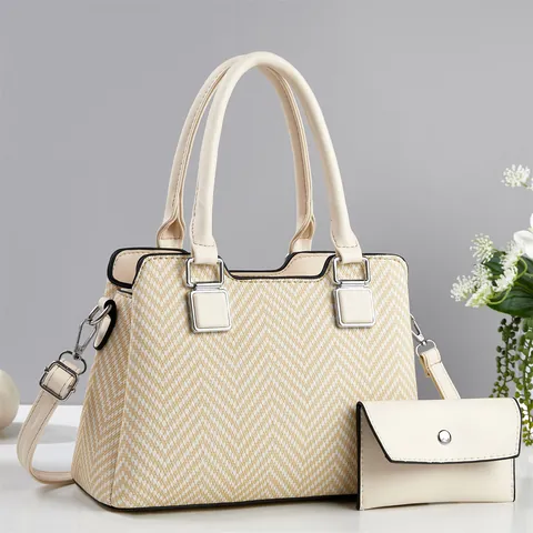 Borsa a Mano in Pelle PU e Tessuto a Spina di Pesce Con Pochette per Donna Elegante Borsa a Tracolla per Lavoro Quotidiano
