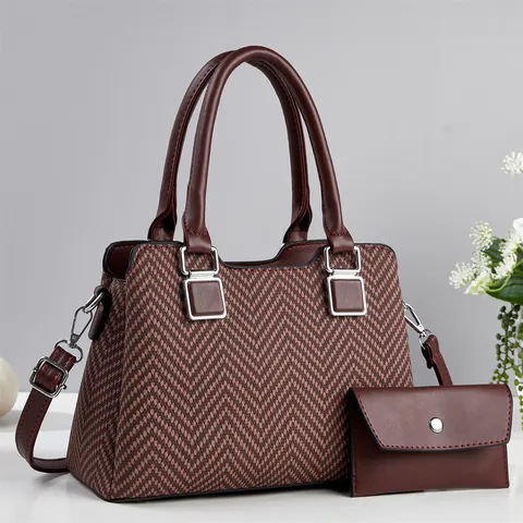 Borsa a Mano in Pelle PU e Tessuto a Spina di Pesce Con Pochette per Donna Elegante Borsa a Tracolla per Lavoro Quotidiano