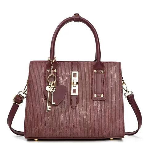 Women Vintage PU Leather Tote Bag Vertical Stripe Large Capacity Handbag Shoulder Crossbody Bag With Heart Key Charm