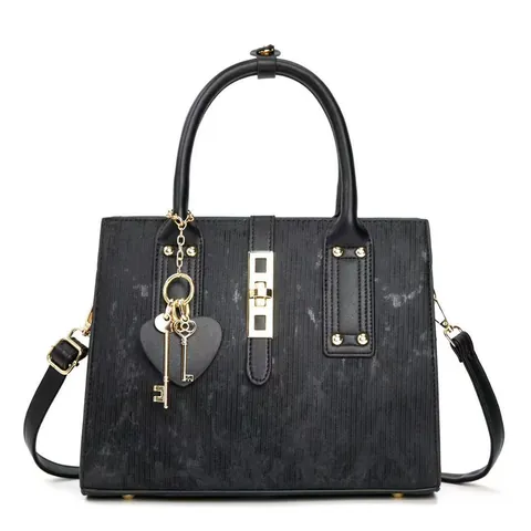 Women Vintage PU Leather Tote Bag Vertical Stripe Large Capacity Handbag Shoulder Crossbody Bag With Heart Key Charm
