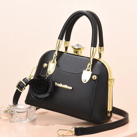 Vintage Shell Shape Women Handbag PU Leather Metal Frame With Rose Flower Charm Crystal Lock Evening Party Crossbody Bag
