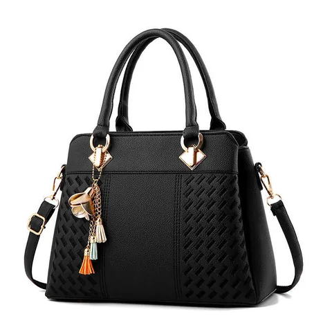 Women Large Capacity PU Leather Handbag Fashion Litchi Texture Tote With Tassel Pendant Top Handle Shoulder Crossbody Bag