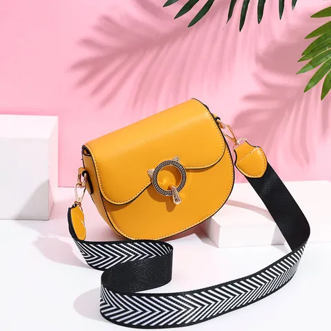 Women's PU Leather Saddle Crossbody Bag Cat Ear Metal Buckle Contrast Stitching Fashion Shoulder Bag Wide Woven Strap Casual Messenger Purse