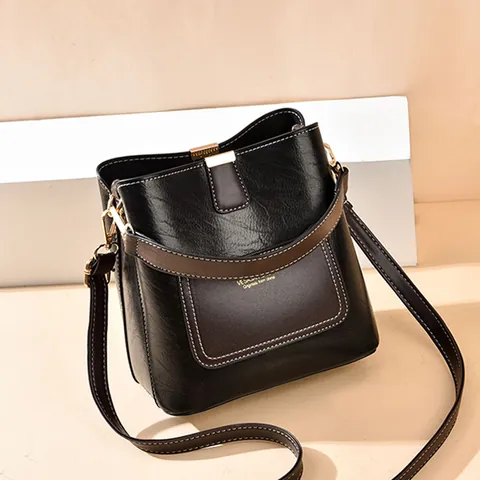 Sac Seau pour Femme Vintage Couleur Contrastée en Cuir PVC Mode Surpiqûres Sac à Bandoulière Sac à Main Matériel Doré Bureau Sac Quotidien