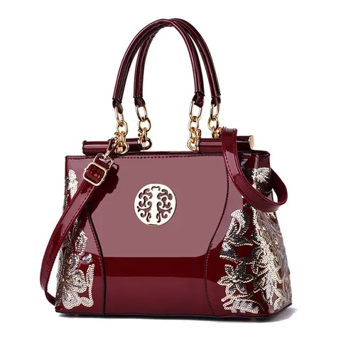 Damen Nationaler Stil Pailletten Stickerei Lackleder Handtasche Große Kapazität Retro Schultertasche Gold Beschläge Shopper