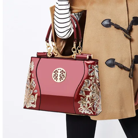 Damen Nationaler Stil Pailletten Stickerei Lackleder Handtasche Große Kapazität Retro Schultertasche Gold Beschläge Shopper