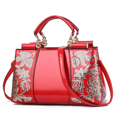 Damen Lackleder Handtasche Elegante Pailletten Blumenstickerei Griff Oben Schulter Umhängetasche Hochzeit Party Tasche