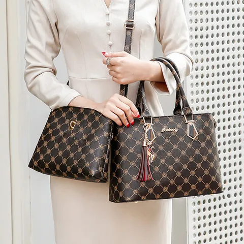 Combinaison de Sac Fourre-Tout et Sac Bandoulière Imprimé Vintage pour Femme avec Gland Pendentif Chat Sac à Main en Similicuir Grande Capacité