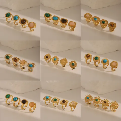 Vintage Geometric Stainless Steel Open Ring 18K Gold Plated Turquoise Malachite Tiger Eye Rose Quartz Adjustable Jewelry