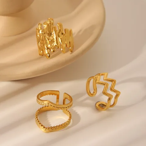 Vintage Gold Plated Stainless Steel Open Ring For Women Minimalist Lava Texture Heart Star Geometric Adjustable Jewelry Finger Ring