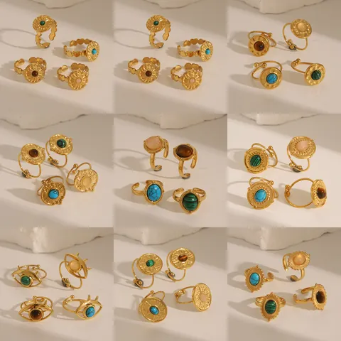 Vintage Stainless Steel 18K Gold Plated Adjustable Open Ring With Turquoise Rose Quartz Tiger Eye Stone Jewelry For Women