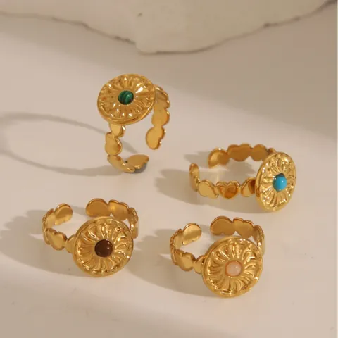 Vintage Stainless Steel 18K Gold Plated Adjustable Open Ring With Turquoise Rose Quartz Tiger Eye Stone Jewelry For Women