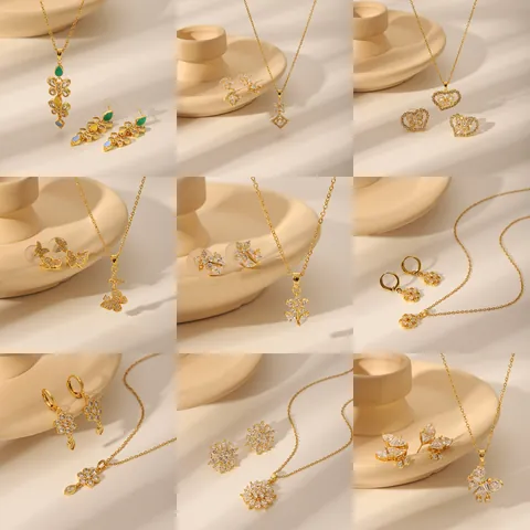 18K Vergulde Koperen Vlinder Bloem Hart Zirkonia Emaille Ketting Oorbellen Sieradencollectie Voor Vrouwen Jubileumcadeau